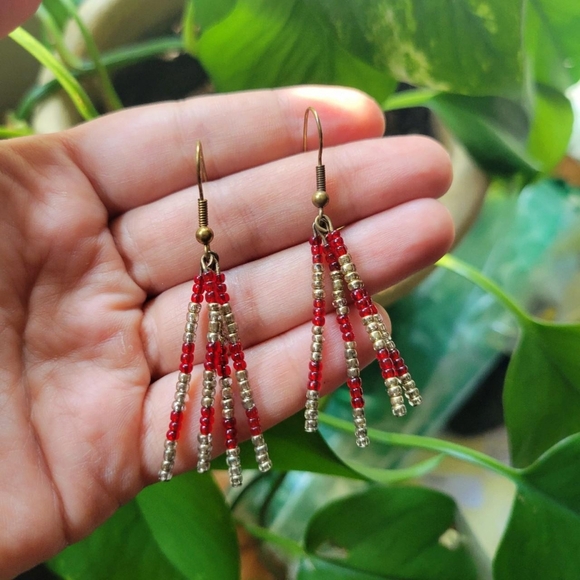Vintage Bohemian Red & Gold Beaded Drop Earrings - Picture 3 of 8